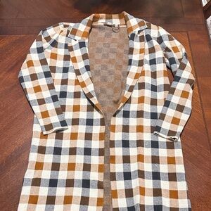 Ann Taylor Checkered Cardigan - Tan, White, Blue